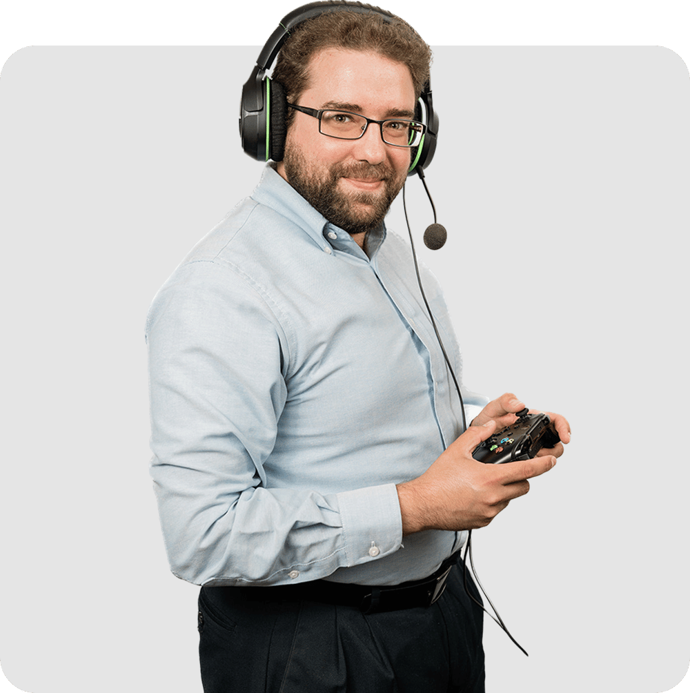 A professional man playing video games